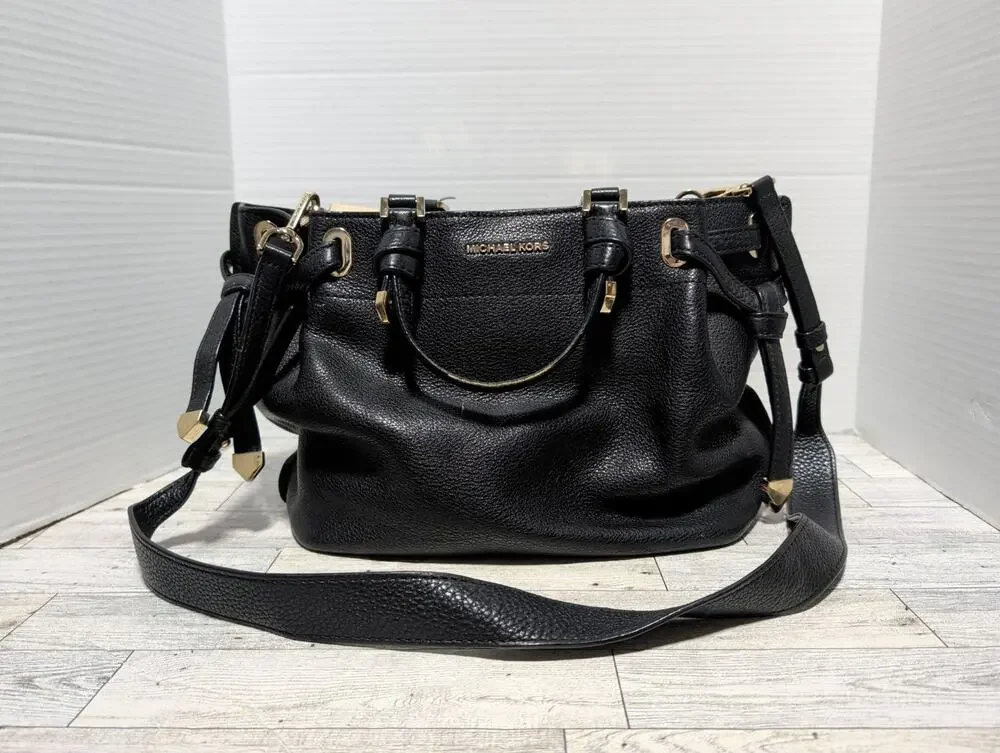 Michael Kors Greta Pebbled Leather Satchel in Black Purse Shoulder Bag
